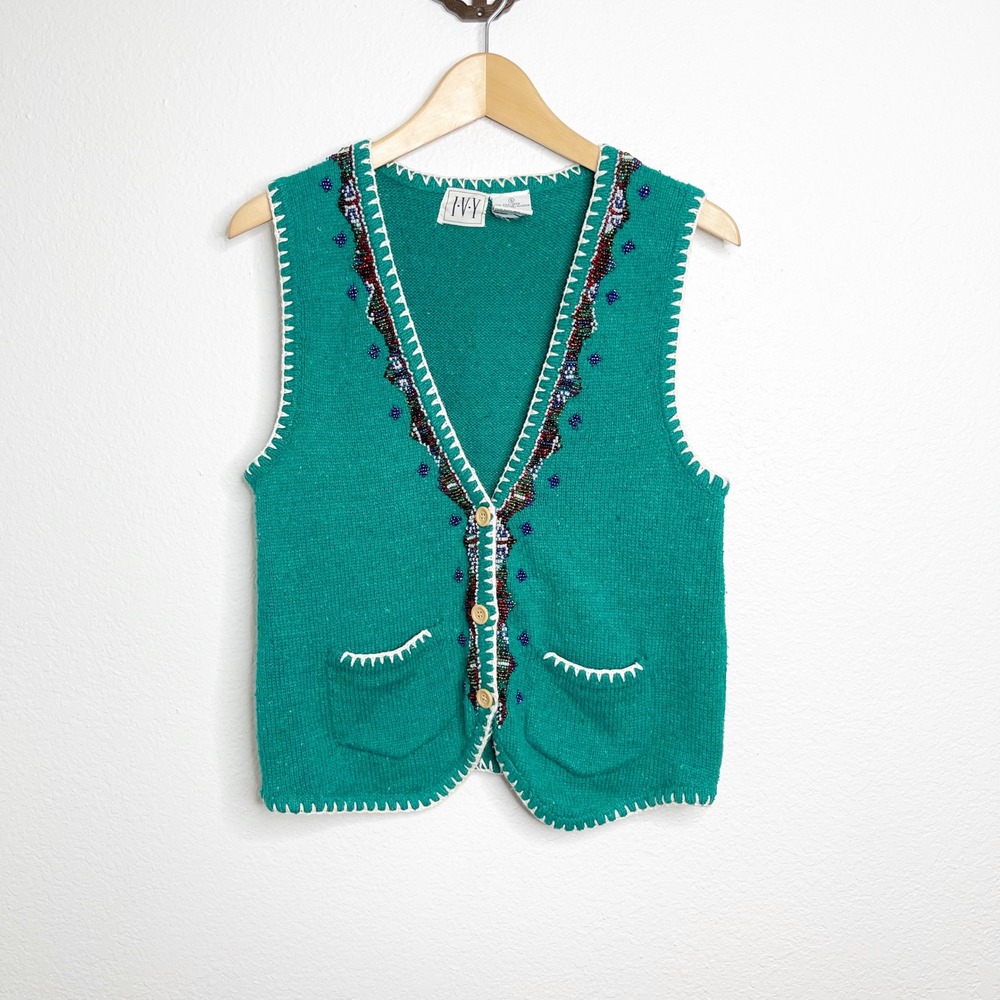 IVY Women Teal Green Silk Cotton Beaded Knit Vest Blanket Stitch Button Front S